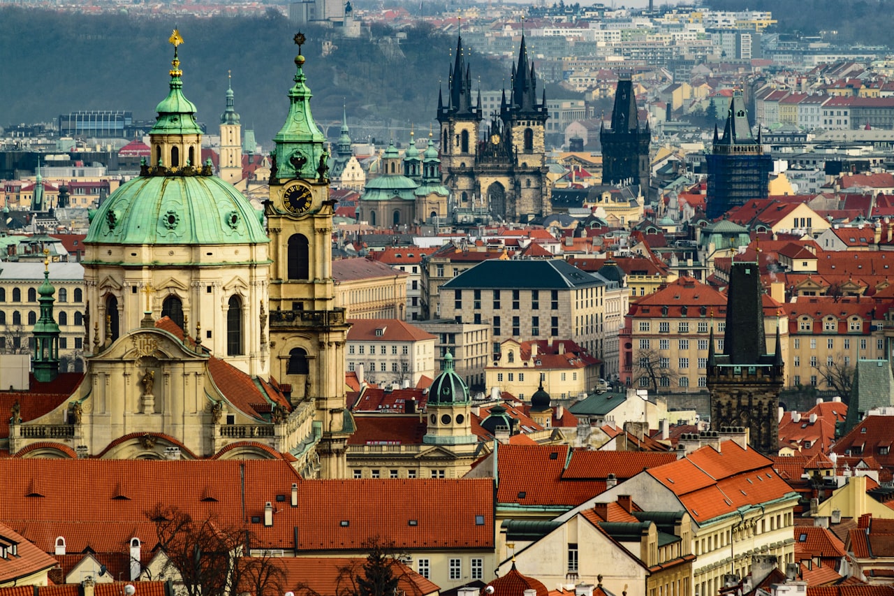 Towers and old town rooftops of Prague, Czechia