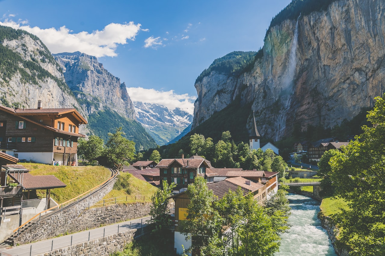 The village of Lauterbrunnen nestled in the Swiss Alps, Switzerland