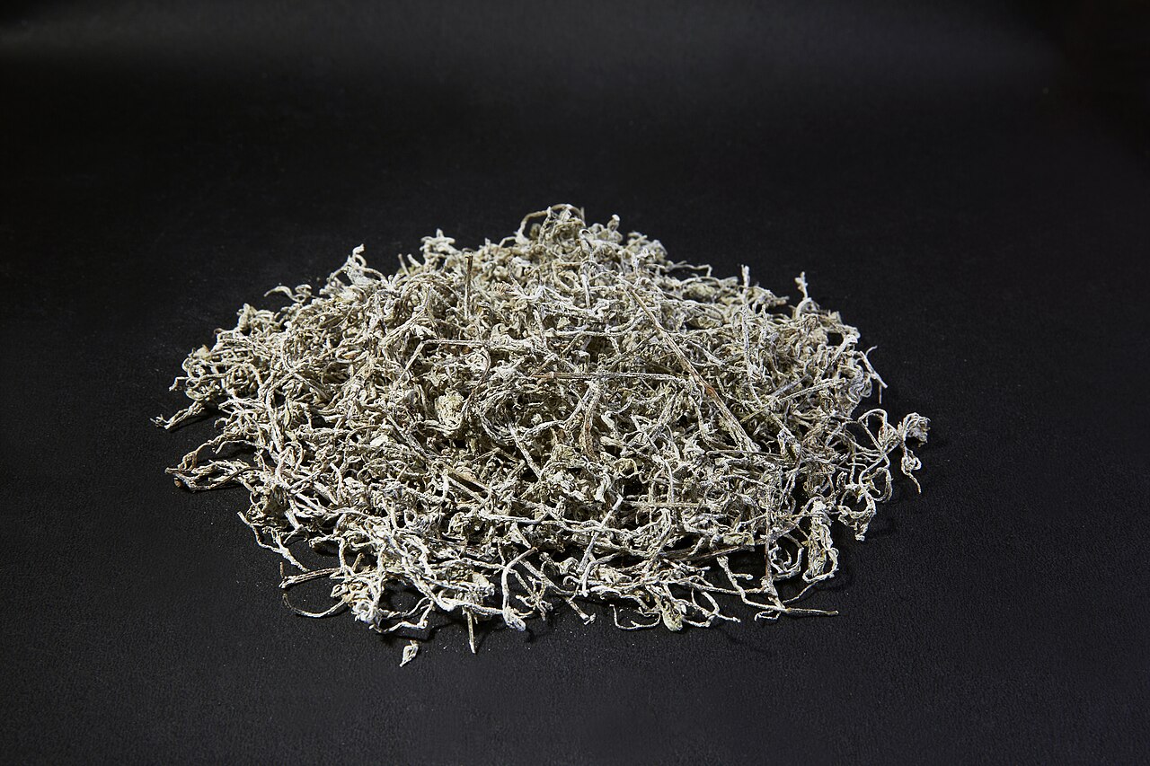 Dried Zhangjiajie vine tea (莓茶) — twisted dried vine shoots dusted with white flavonoid frost, the city's signature souvenir tea