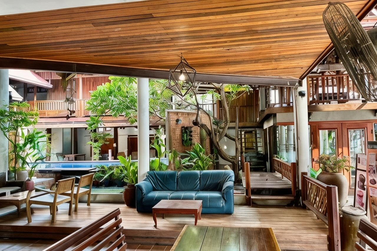 Open-sided teak lounge with leather sofa looking out to the pool and garden