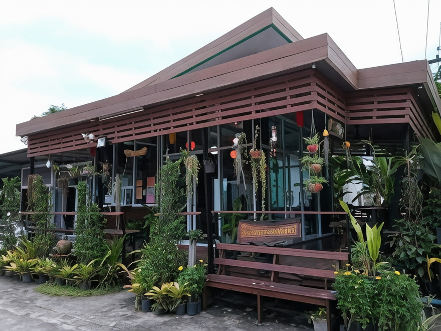 อาคารร้านอาหารไม้กลางสวน ประดับด้วยต้นไม้และกล้วยไม้แขวน