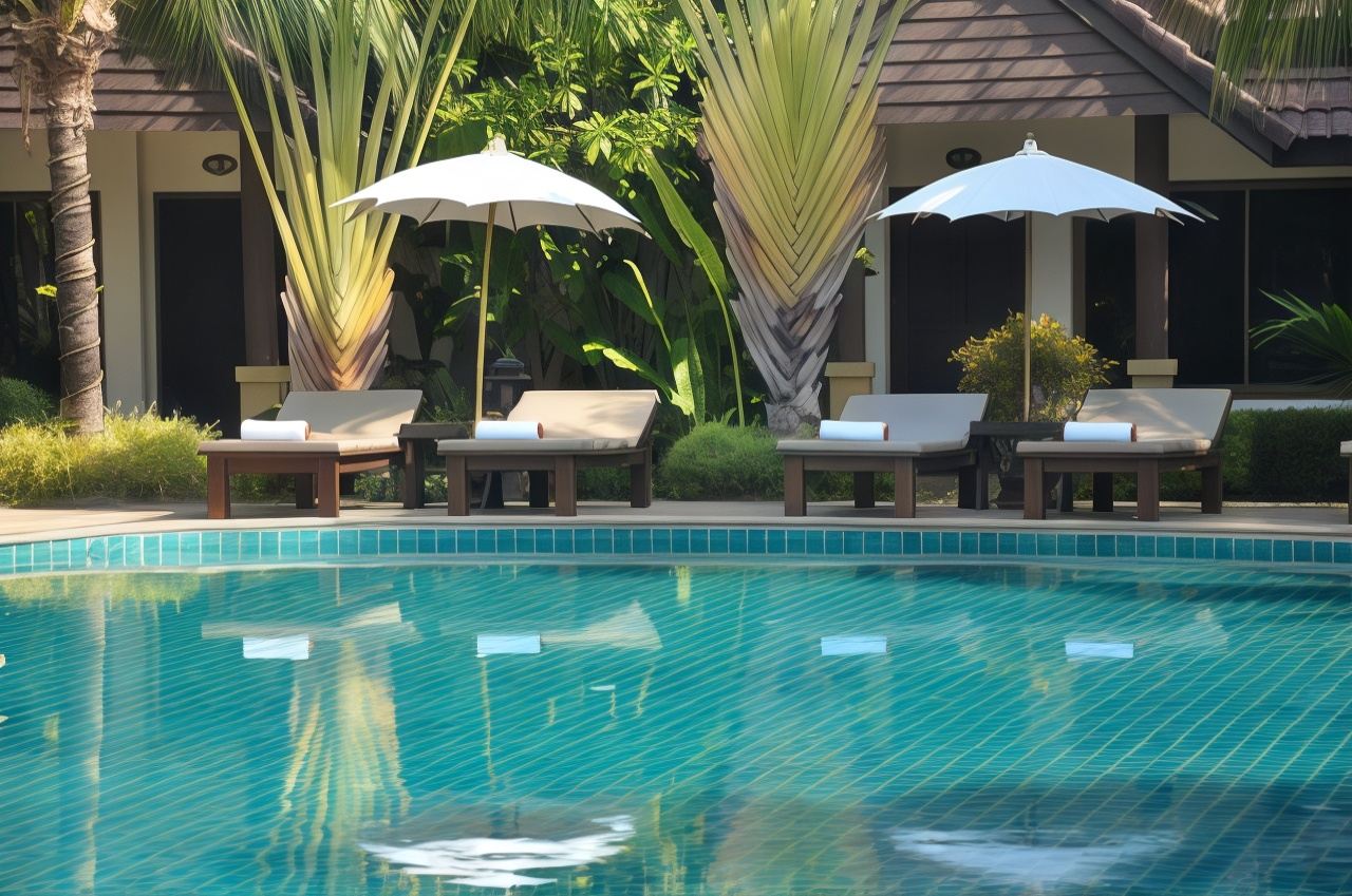 สระว่ายน้ำลากูนของ Laluna Hotel & Resort พร้อมเตียงอาบแดดและร่มสีขาว