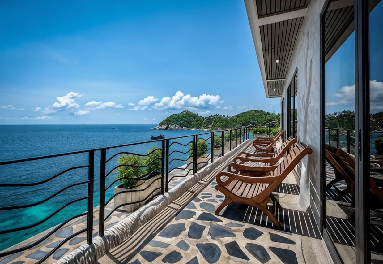 Stone cliff terrace lined with teak deck chairs overlooking Thian Og Bay and a longtail boat