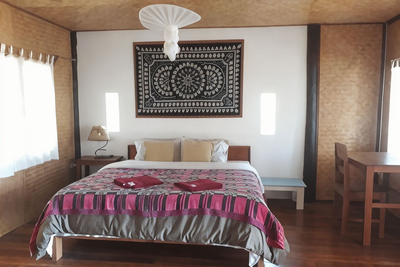 Inside a bamboo bungalow with a double bed and woven textile wall hanging