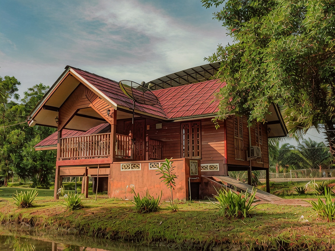 บ้านไม้ยกพื้นสไตล์มลายูสีแดงริมบ่อน้ำที่ Bakkahland Farm