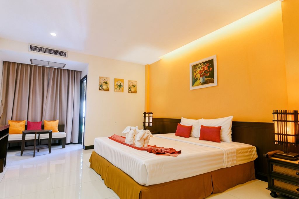 ห้องเตียงใหญ่ผนังโทนเหลือง พร้อมระเบียงและมุมนั่งเล่น City Park Hotel Phatthalung