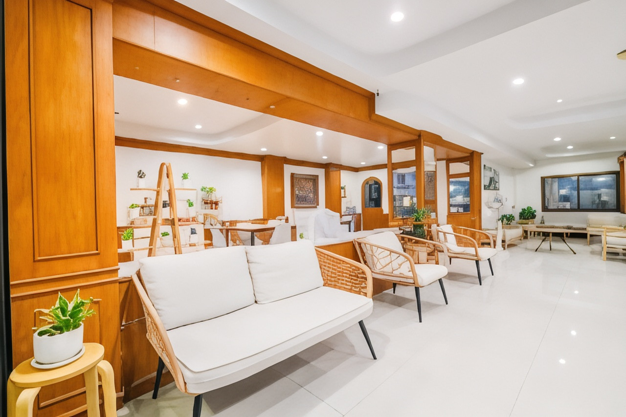 ล็อบบี้และมุมนั่งเล่นเฟอร์นิเจอร์หวาย พื้นกระเบื้องขาว Grand PL Hotel