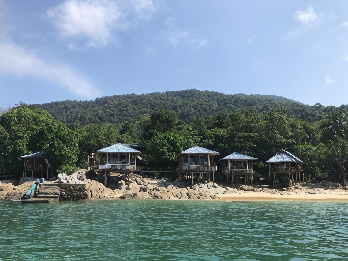 บังกะโลไม้หลังคาฟ้าเรียงริมหาดอ่าวใหญ่ เกาะช้าง ระนอง มองจากทะเล