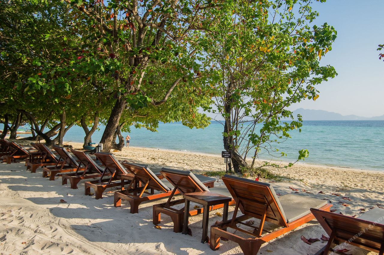 เก้าอี้ไม้ริมหาดทรายขาวใต้ร่มไม้ น้ำทะเลสีฟ้าใส The Sevenseas Resort เกาะกระดาน