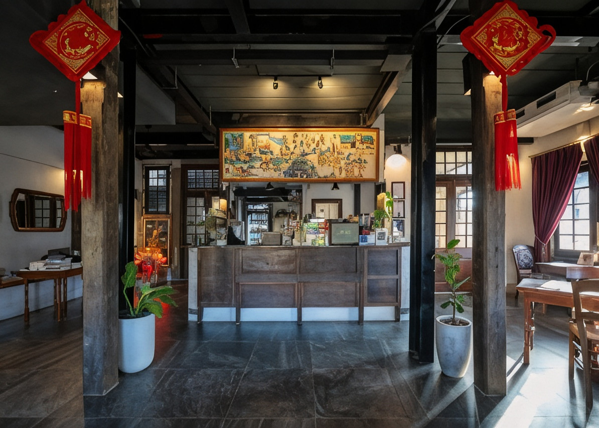 The Vela Warin lobby inside a restored Chinese-influenced shophouse with timber posts and red lanterns